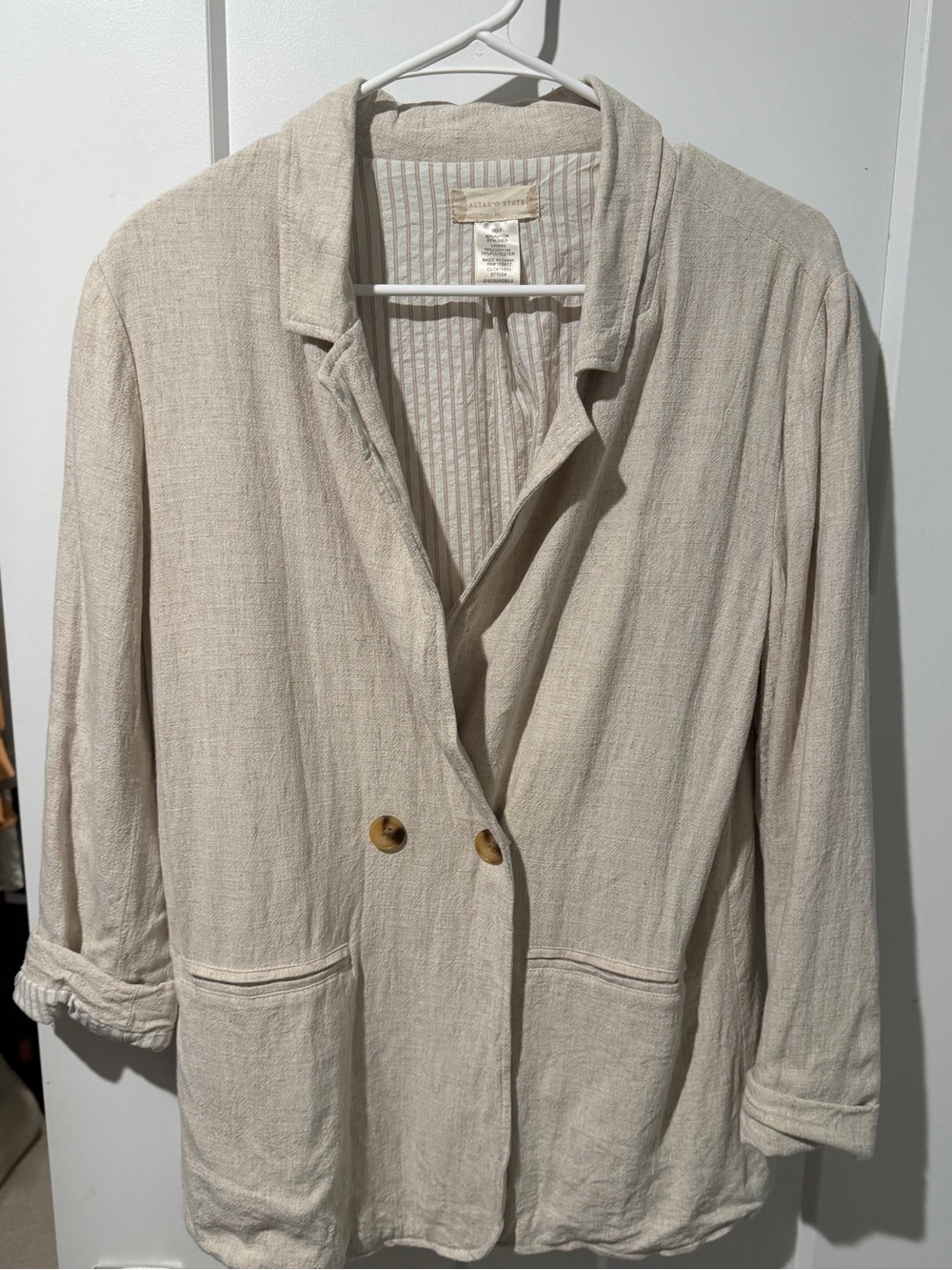 Altar'd State Cream Relaxed Linen-Blend Double Button Blazer